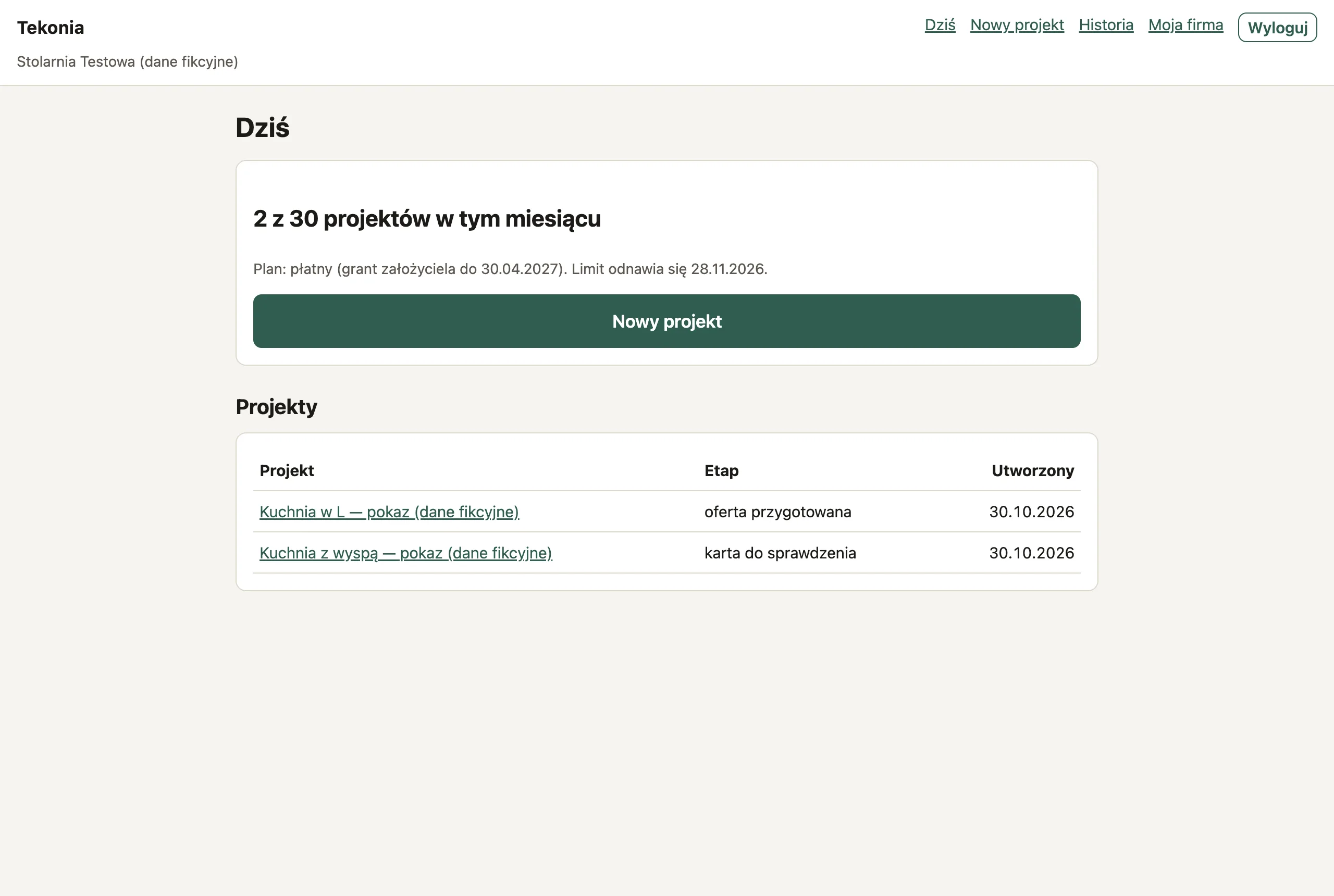 Ekran „Dziś” aplikacji Tekonia: projekty w toku, licznik projektów w miesiącu i przycisk „Nowy projekt”.