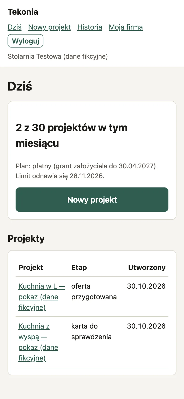 Ekran „Dziś” aplikacji Tekonia na telefonie.