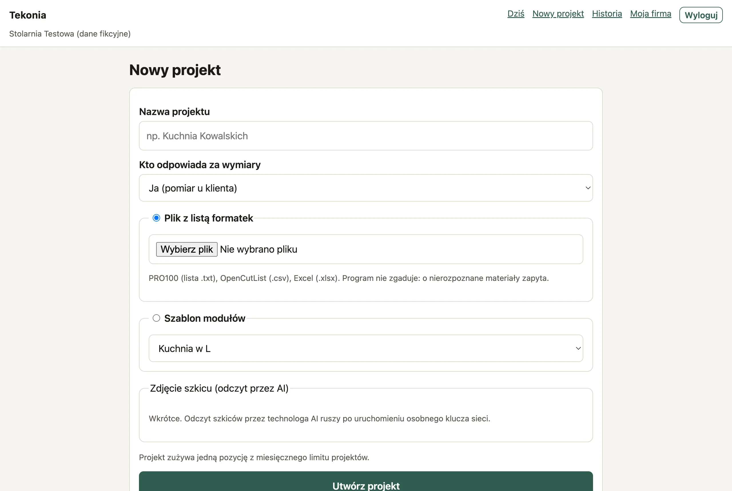 Ekran „Nowy projekt”: import listy formatek z pliku PRO100, OpenCutList albo Excela albo projekt z szablonu szafek.